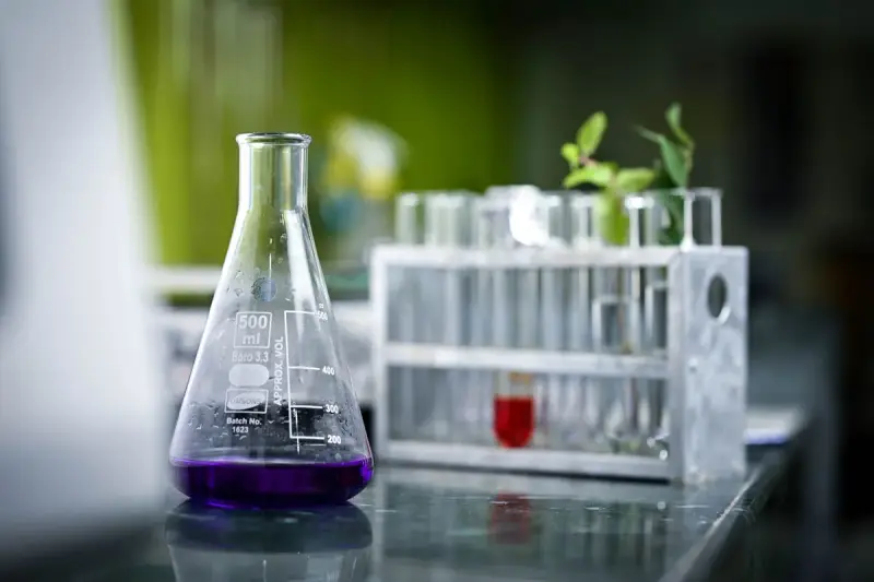 Erlenmeyer flask of purple liquid beside a rack of test tubes in a bright lab