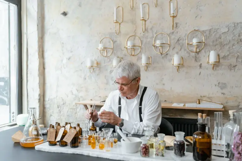 Senior perfumer blending fragrance ingredients at a long table of bottles and jars