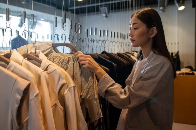 Woman in a gray shirt checking cream shirts hanging on a long store rail