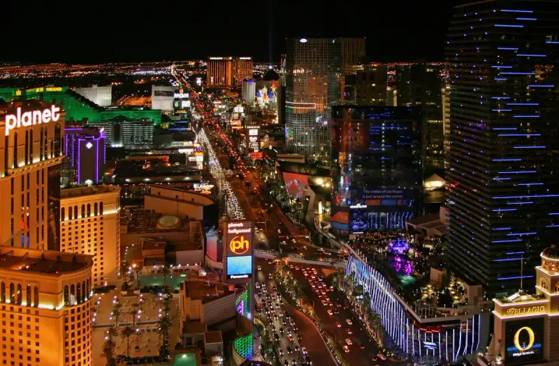 The Las Vegas Strip at night in 2012, hotel towers lit up