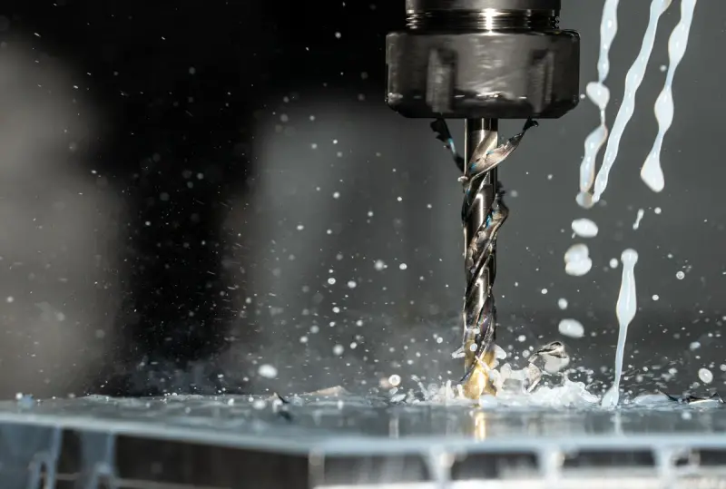 Spinning drill bit cutting metal while coolant splashes around the spindle