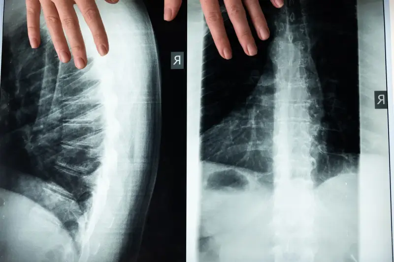 Two spine X-ray films held up by a pair of hands against a light background