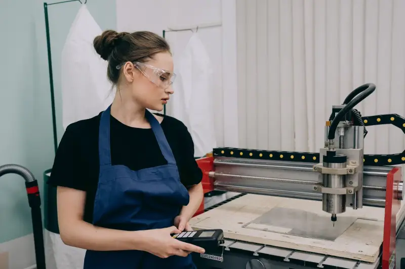 Woman in safety glasses and apron runs a CNC machine from a handheld controller