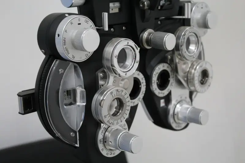 Close-up of a black and silver phoropter with lens dials and knobs