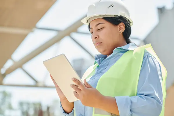 Woman in a hard hat using a digital tablet at a construction site