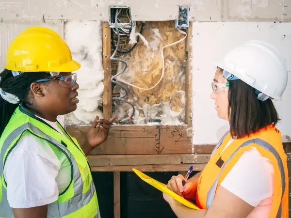 Two women in hard hats reviewing building plans at a construction site