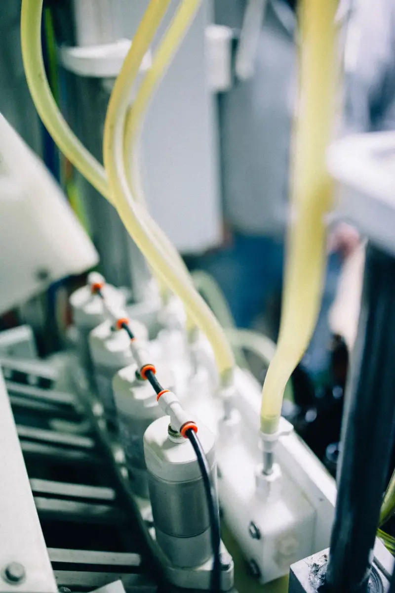 Close view of hoses and filling machinery on a brewery bottling line