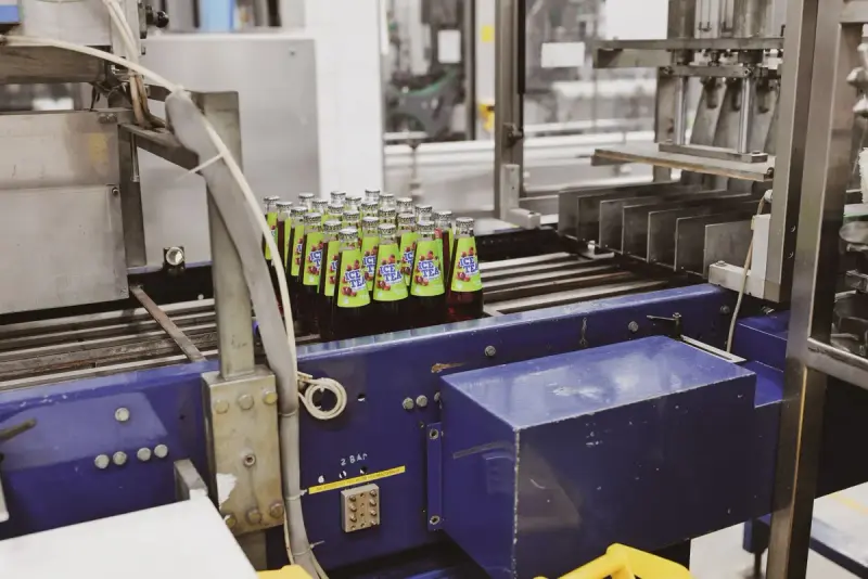 Rows of glass bottles moving along an automated production line inside a bottling plant