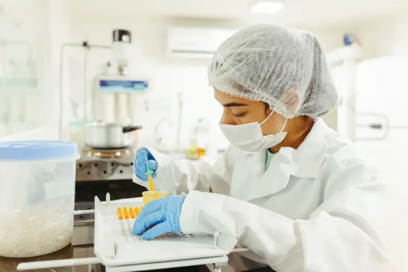 Woman in a hairnet, mask and gloves pipetting samples into a rack at a lab bench