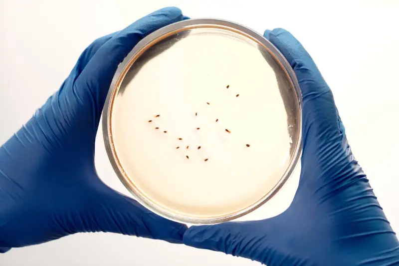 Gloved hand holding a petri dish with many small dark colonies on pale agar