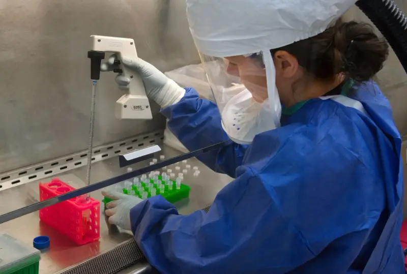 Scientist in a blue protective gown, face shield and gloves pipetting inside a biosafety cabinet