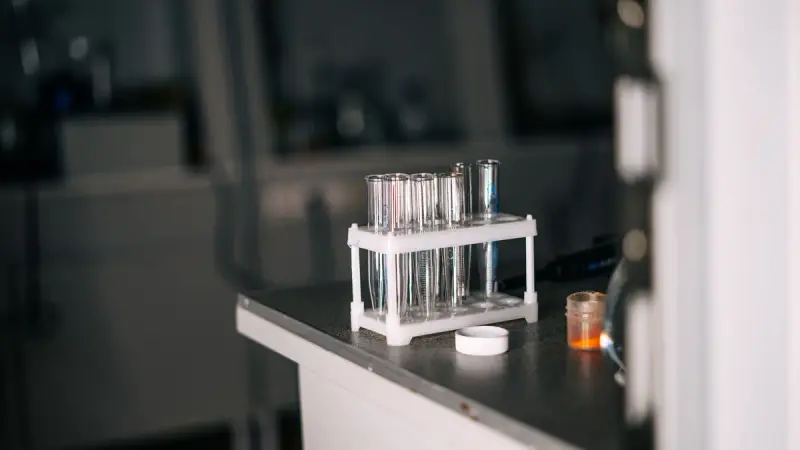 Rack of empty glass test tubes on a dark lab bench in soft window light