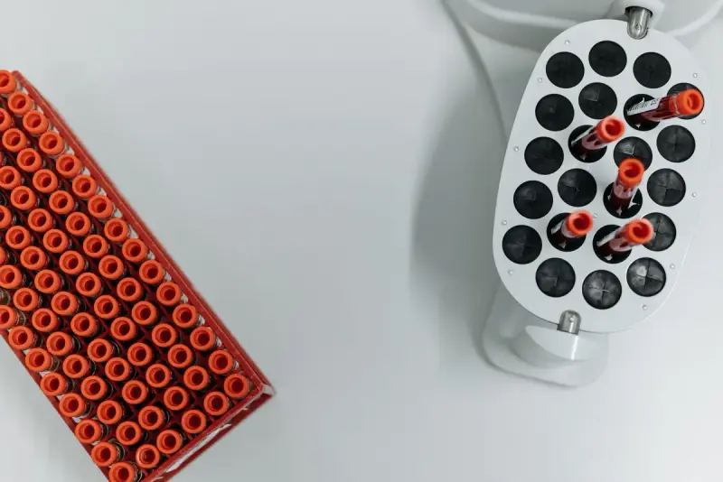 Top view of orange-capped tubes in a rack beside a round carousel of sample tubes