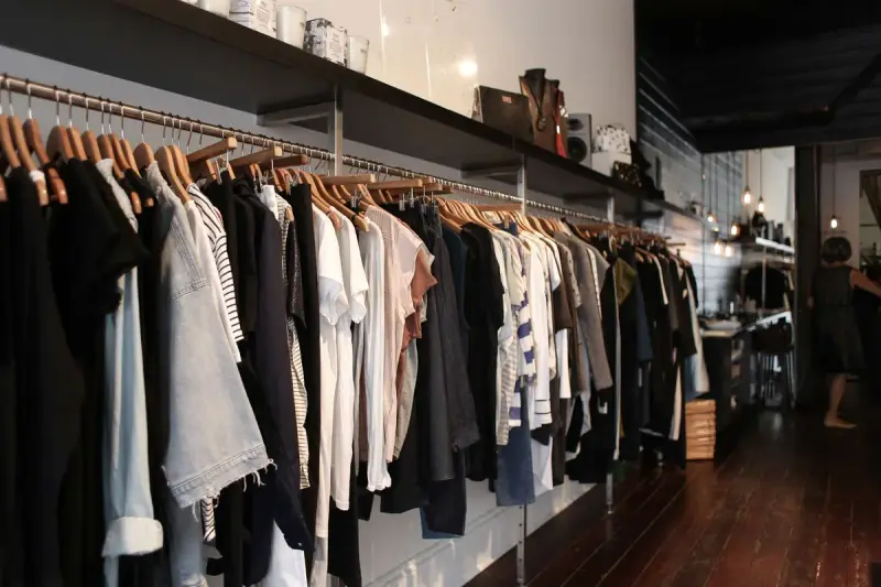 Long rails of shirts and jackets on wooden hangers along a boutique wall