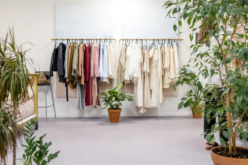 Bright apparel showroom with rails of neutral and red garments and potted plants