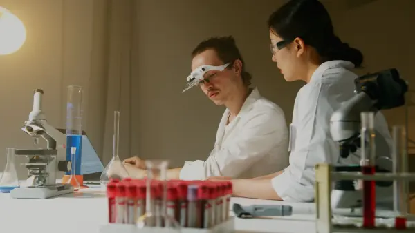 Researchers working together at a laboratory bench