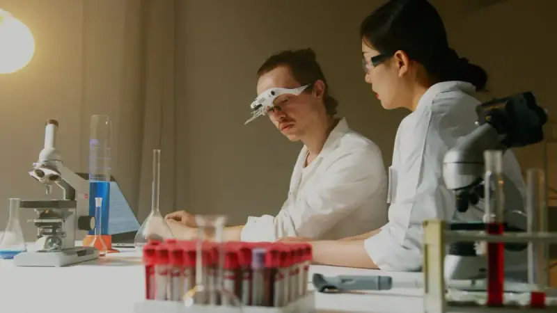 Researchers working together at a laboratory bench