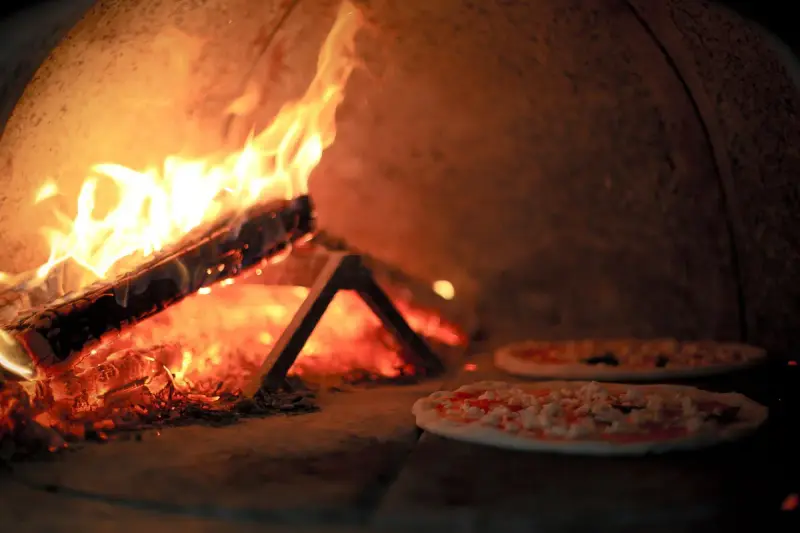 Two pizzas baking beside burning logs inside a domed brick oven