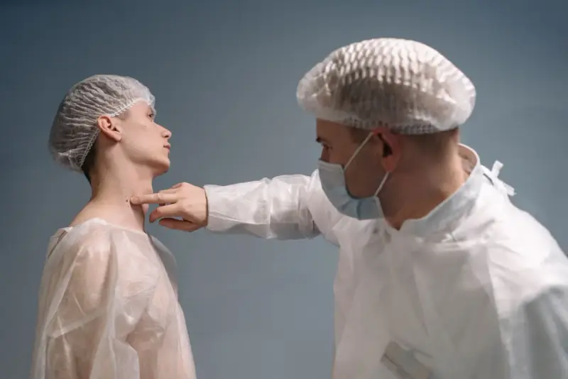 A masked clinician in a cap and gown assessing a patient's jawline during a consultation