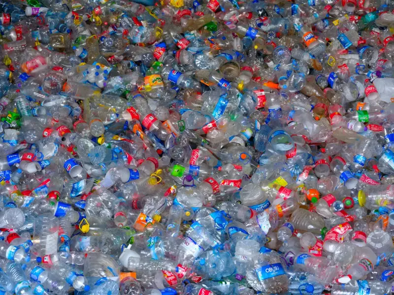 Dense heap of clear and colored plastic drink bottles at a recycling center