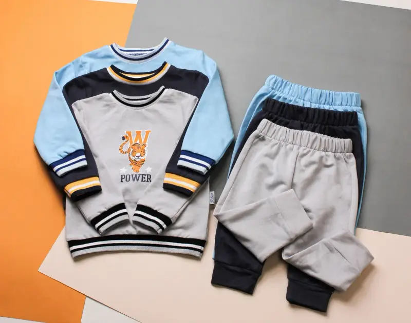 Kids' color-block sweatshirt with a tiger graphic and matching gray joggers laid flat