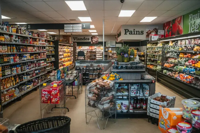 Long grocery store aisle with fully stocked shelves of packaged food on both sides
