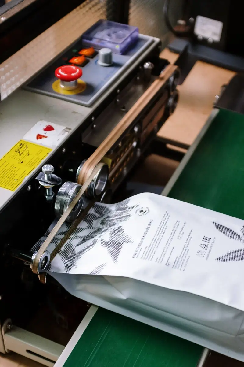 Industrial machine heat-sealing the top of a coffee bag in a production setting