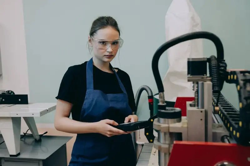 Woman in apron and safety glasses operating a CNC machine in a workshop