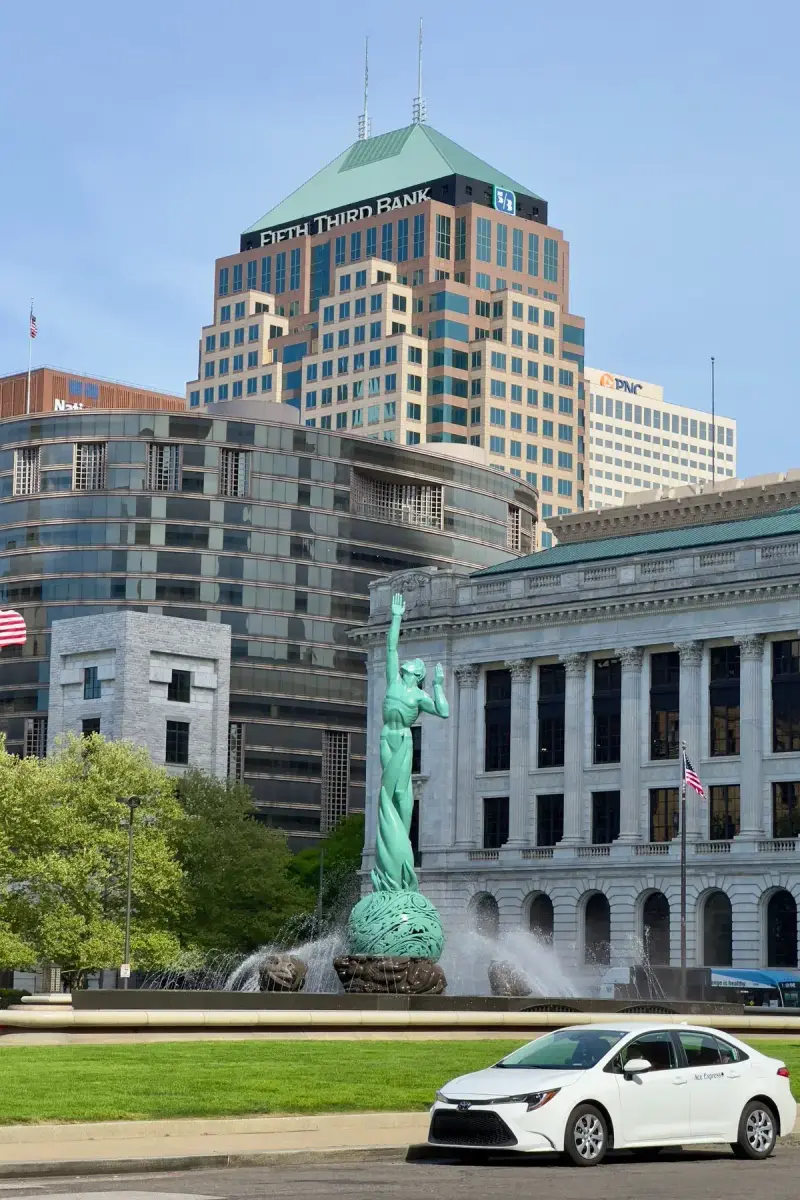 War Memorial Fountain in downtown Cleveland with office towers behind it
