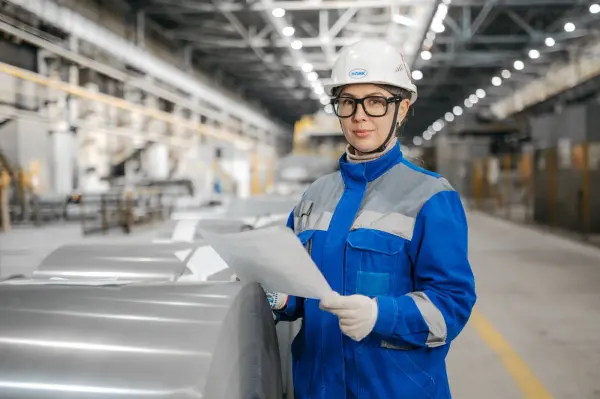 An engineer reviews paperwork beside manufactured metal components in a factory photograph.