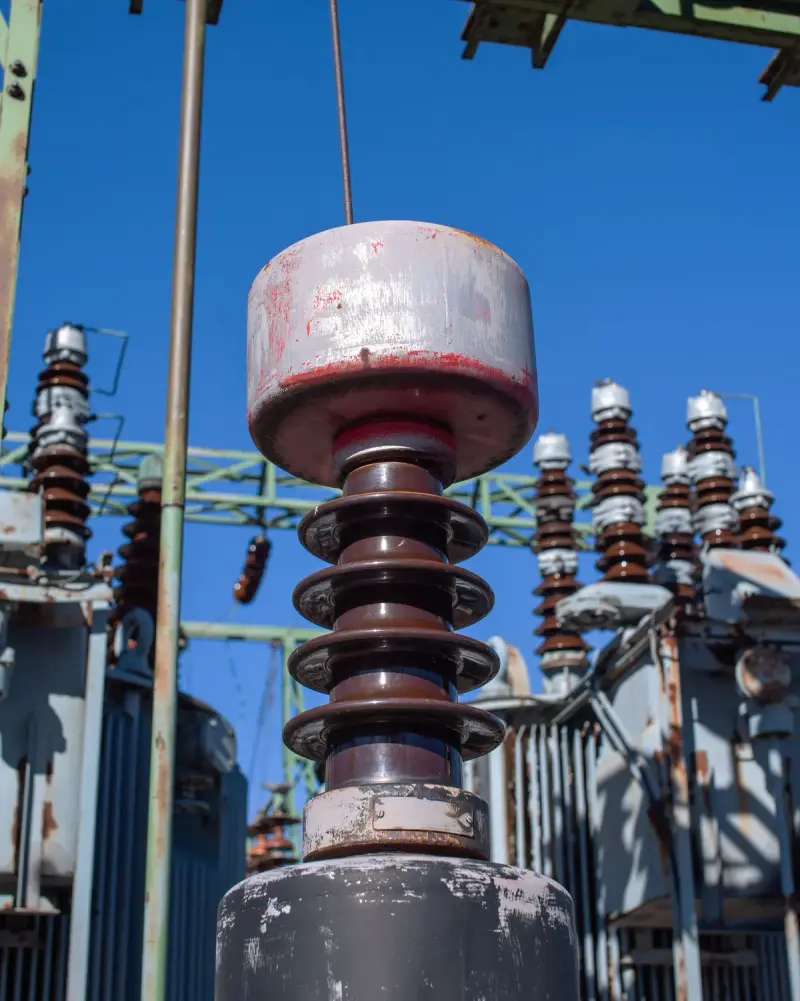 Close-up of high-voltage insulators and conductors at a utility substation