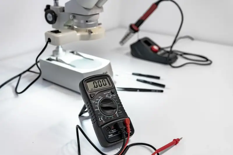 Electronics workbench with a multimeter, microscope and soldering tools