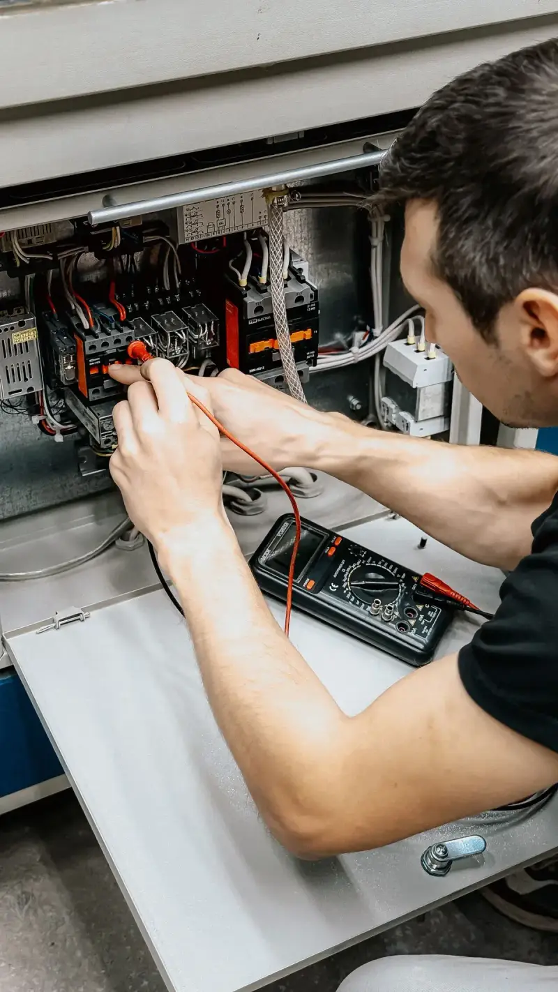 Electrician using a multimeter to check connections inside an open electrical panel