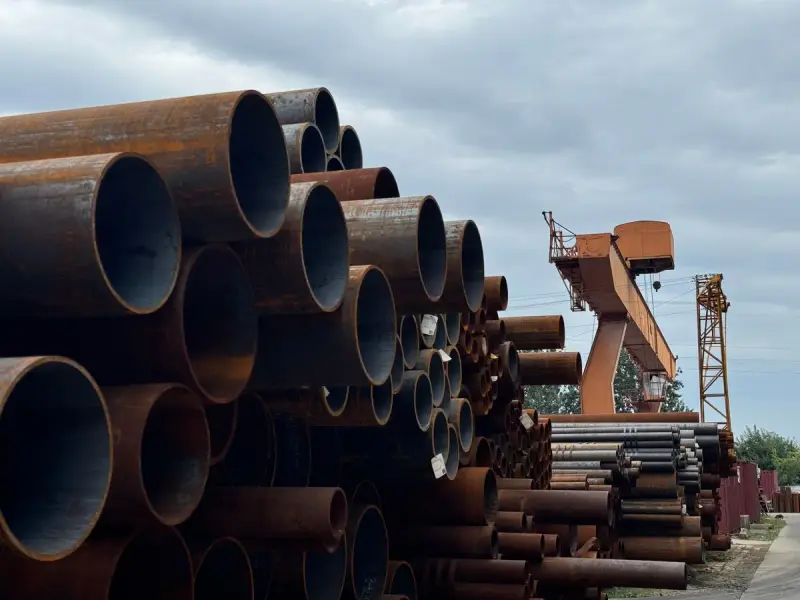 Close view of stacked steel pipe ends beside a gantry crane