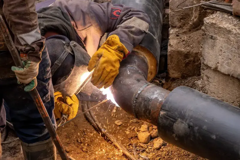 Welder in gloves joining steel pipes at a trench site, sparks flying