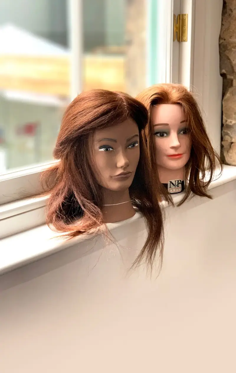 Two cosmetology practice mannequin heads with long hair on a windowsill