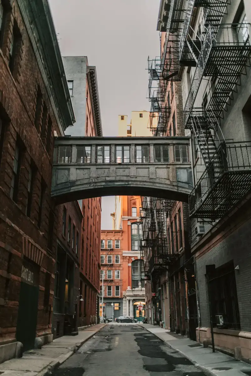 The Staple Street skybridge between brick buildings in Tribeca
