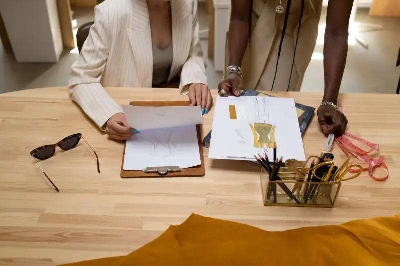 Two designers reviewing fashion sketches at a wooden work table