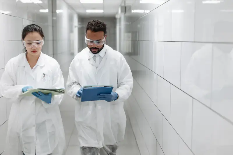 Two researchers in lab coats and safety glasses review documents while walking down a bright clinical corridor