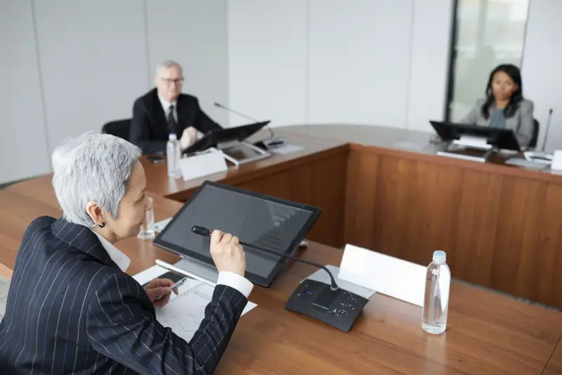 Senior leaders talking in a modern boardroom