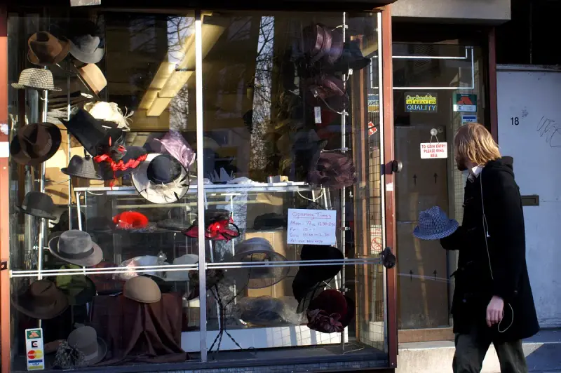Men's hats displayed in a hat shop in Stamford Hill, London