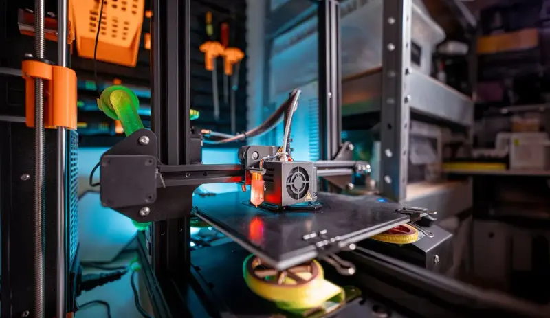 3D printer building a round part in a workshop lined with tools and filament