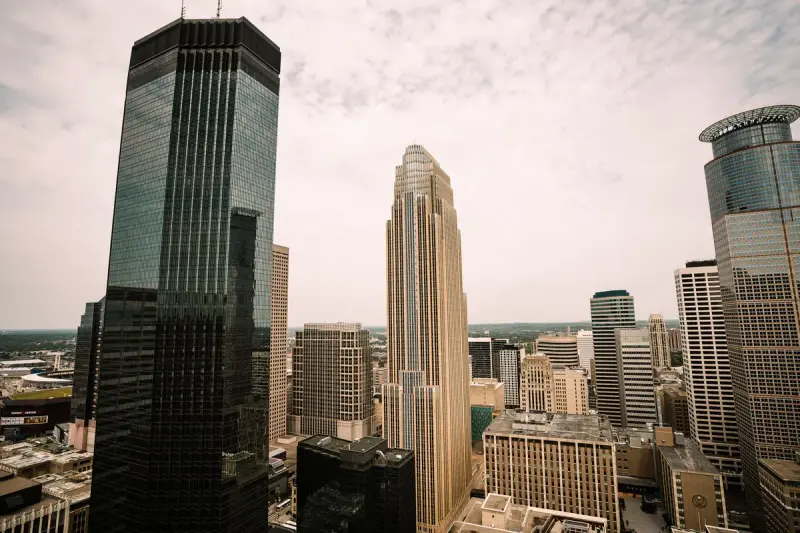 Aerial view of downtown Minneapolis skyscrapers