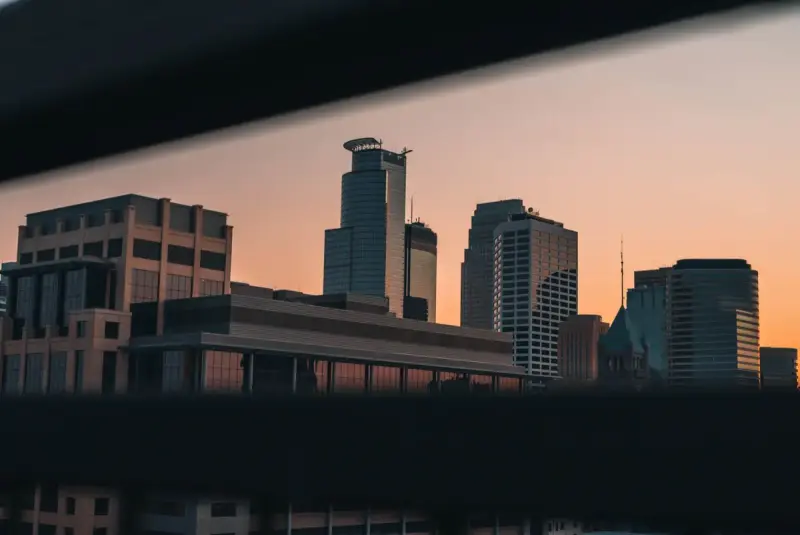 Minneapolis skyline at sunrise with modern towers