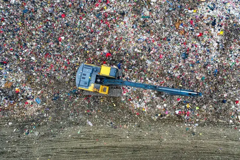 Aerial view of a yellow excavator working across a wide landfill cell