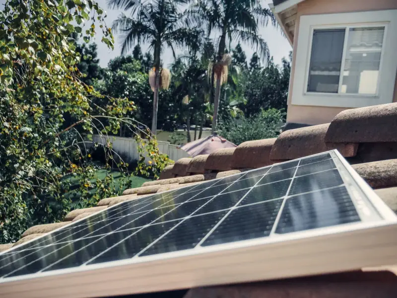 Solar panel on a tiled roof with palm trees in a sunny backyard
