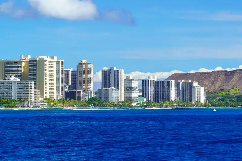 Honolulu skyline with Diamond Head crater and the ocean beyond