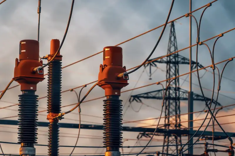 Orange high-voltage bushings and a transmission tower against an evening sky