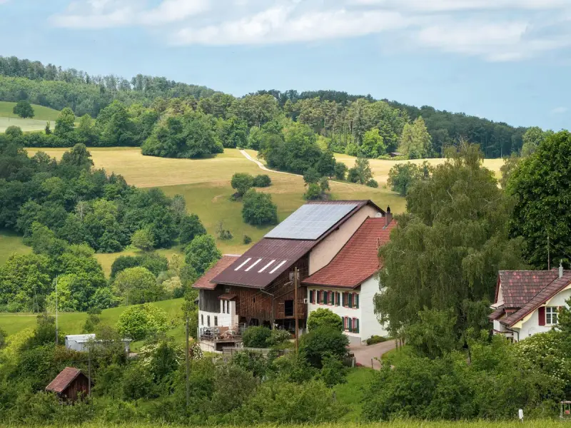 Farmhouse with solar panels on the roof surrounded by green fields and forest