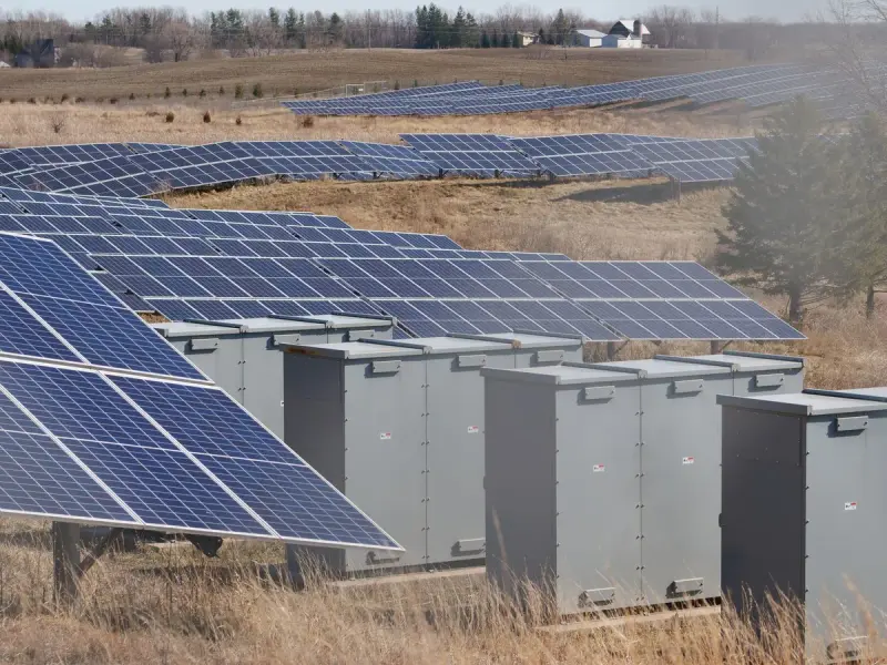 Large solar panel field in a rural landscape under blue sky